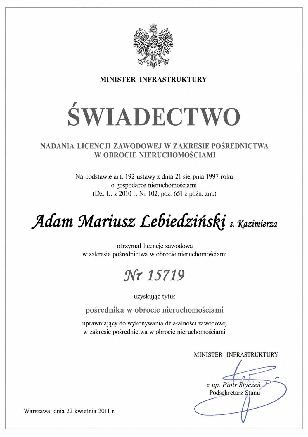 Licencja pośrednika nieruchomosci - Adam Lebiedziński