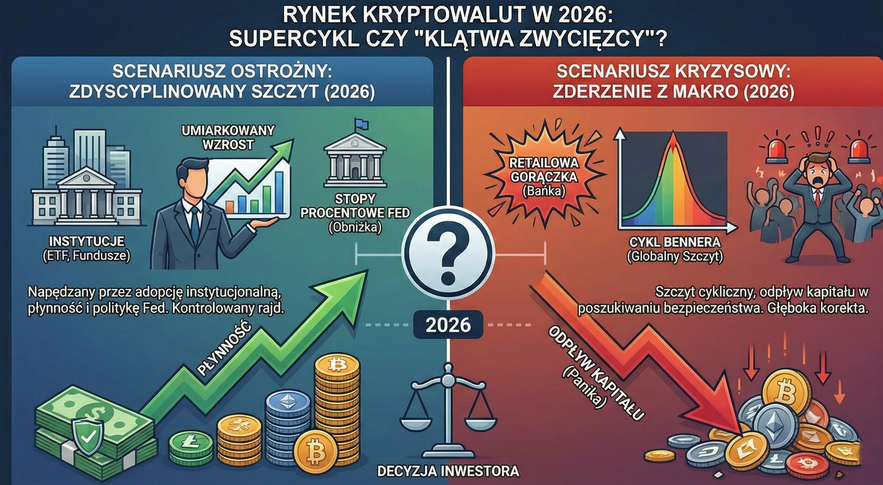 Historyczny wykres porównujący główne kryzysy finansowe z przewidywaniami cyklicznymi