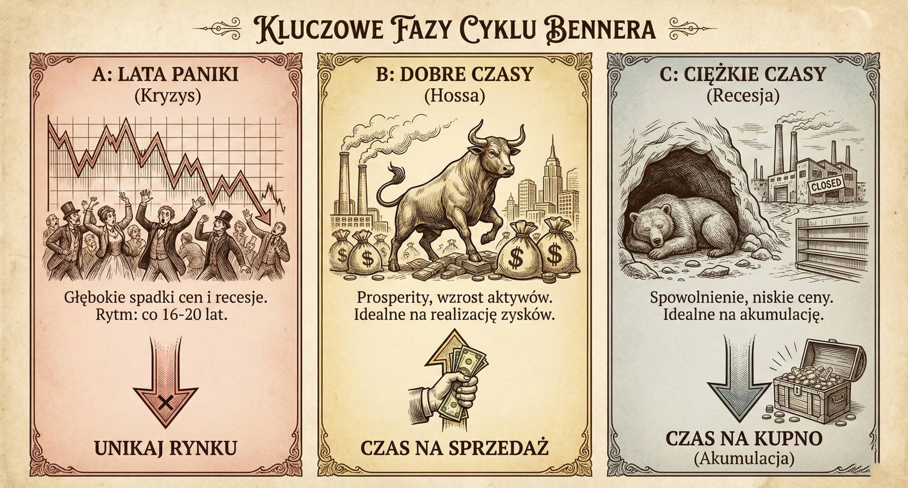 Kluczowe fazy Cyklu Bennera z zaznaczeniem paniki, dobrych czasów i recesji w kontekście 2026