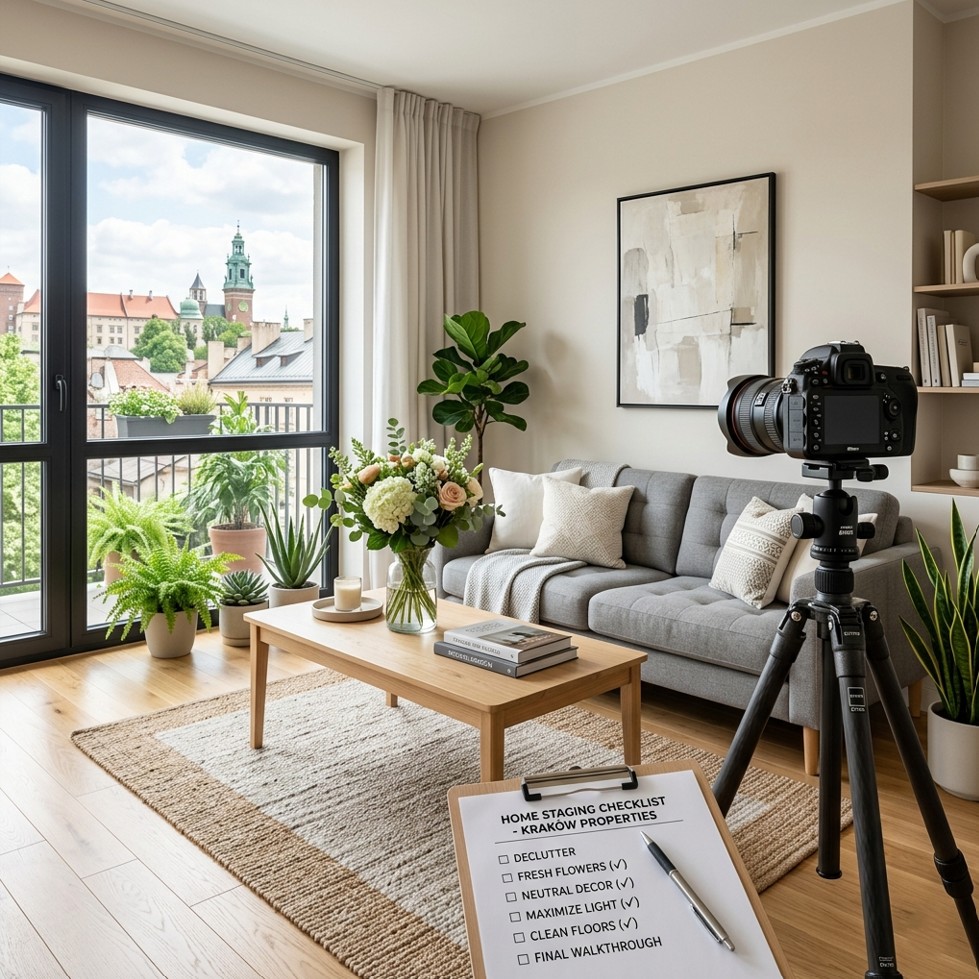 Home staging – stylowo urządzone mieszkanie z neutralnymi dodatkami i profesjonalnym oświetleniem