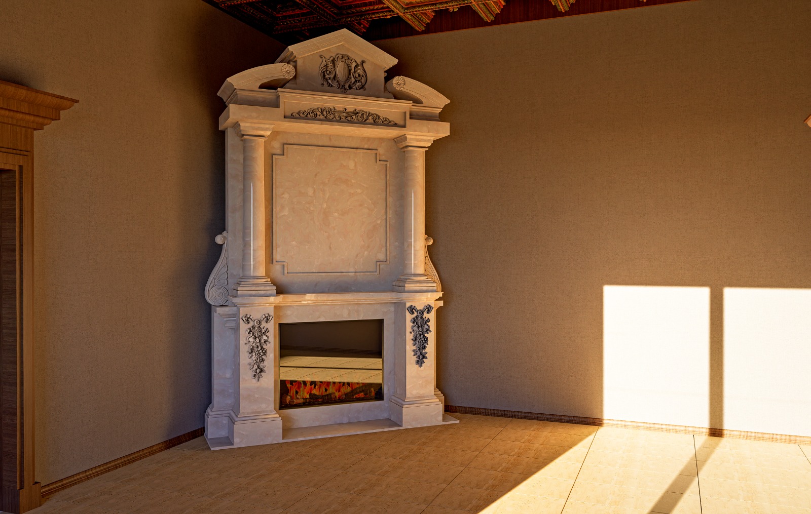 Monumentalny kominek z marmuru macedońskiego w salonie