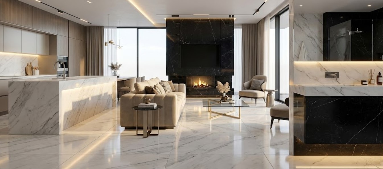 Salon z aneksem kuchennym z czarnym i białym marmurem