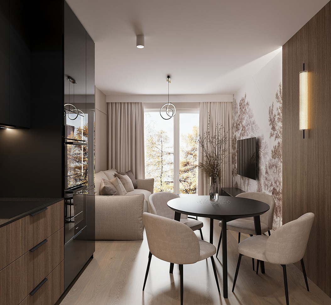 Salon z aneksem kuchennym, projekt Warszawa