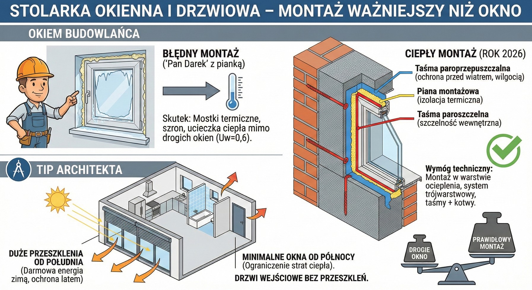 Ciepły montaż okien – taśmy, kotwienie w warstwie ocieplenia