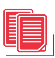 Grafika przedstawia dwie strony czerwonych dokumentów zapełnionych treścią