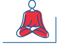 Grafika przedstawia spokojną postać w czerwonym stroju, przyjmującą pozycję z jogi