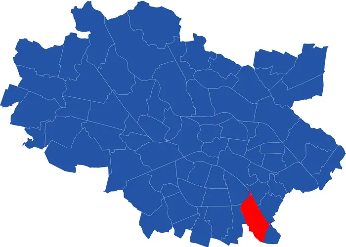 Mapa obrazująca lokalizację osiedla Brochów na mapie Wrocławia. Brochów jest zaznaczony na czerwono na niebieskiej grafice, wpisującej się w kolorystykę biura nieruchomości MILTON.