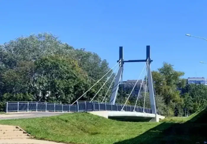 Most otoczony zieloną roślinnością na wrocławskim osiedlu Żerniki. 