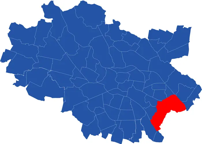 Niebieska mapa wrocławskich osiedli z czerwonym oznaczeniem osiedla Księże