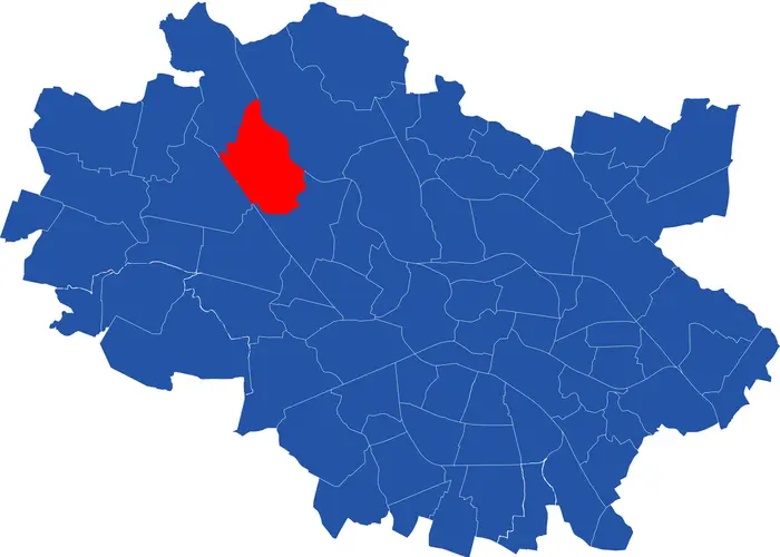 Mapa przedstawiająca gdzie jest osiedle Maślice na mapie Wrocławia. Osiedla znajdujące się na północnym wschodzie, jest zaznaczone na czerwono na niebieskiej grafice biura nieruchomości MILTON.