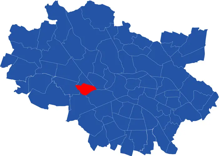 Niebieska mapa z położeniem wrocławskich osiedli. Na zachodzie czerwonym kolorem oznaczony Nowy Dwór