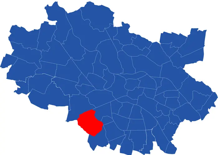 Niebieska mapa z położeniem wrocławskich osiedli. Na południu czerwonym kolorem oznaczony Oporów