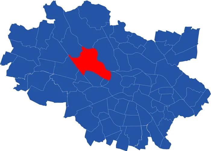 Niebieska mapa wrocławskich osiedli z czerwonym oznaczeniem osiedla Pilczyce-Kozanów-Popowice Północne