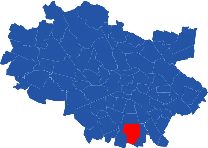 Niebieska mapa z położeniem wrocławskich osiedli. Na południu czerwonym kolorem oznaczone Wojszyce