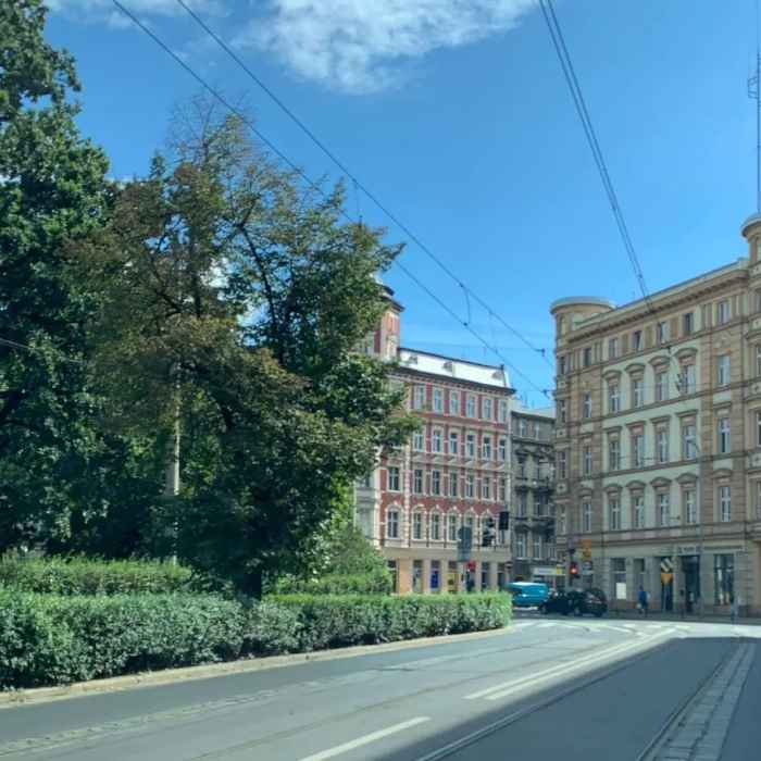 Widok zabytkowych kamienic osiedla Nadodrze we Wrocławiu. Na pierwszym planie mnóstwo zielonych drzew, a obok tory tramwajowe, biegnące wzdłuż ulicy. 