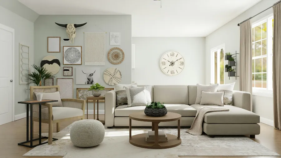 Przestronny salon z sofą narożną w kolorze ecru, stolikiem kawowym, dekoracyjnymi obrazami na ścianie oraz dużym zegarem